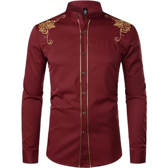 Men's Luxury Gold Embroidery Dress Shirt: Slim Fit Long Sleeve Button-Up For Prom, Wedding & Parties (Black) - View #10